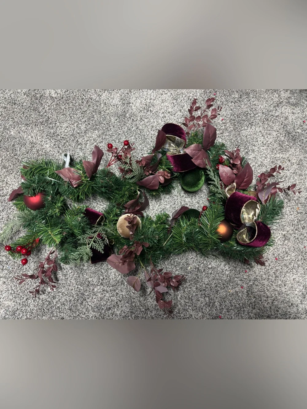 Ashland Green Pine Garland with Burgundy and Gold Accents- Pre Lite